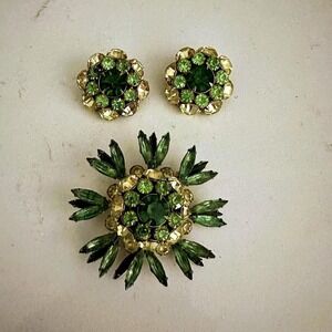 Vintage Judy Lee Contessa Star Brooch and‎ Clip-on Earrings, Green Jewels